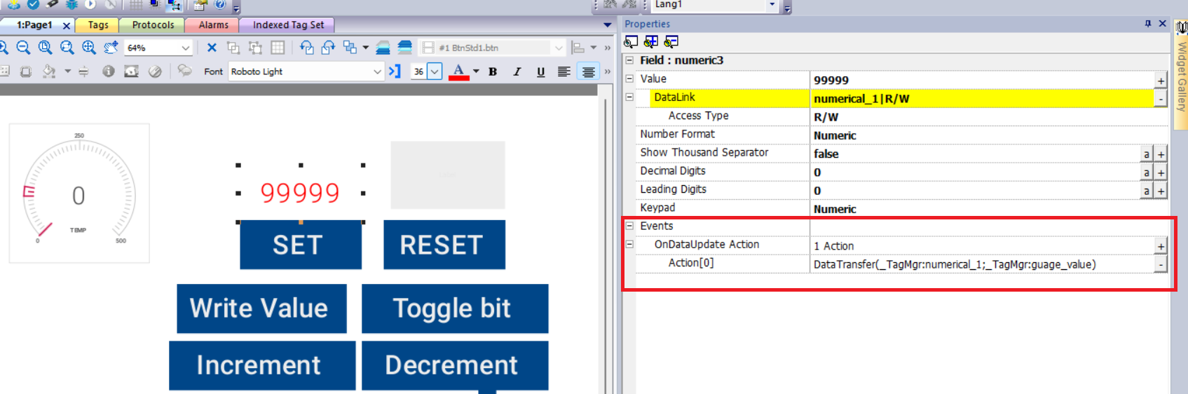 data transfer action for abb hmi widget component